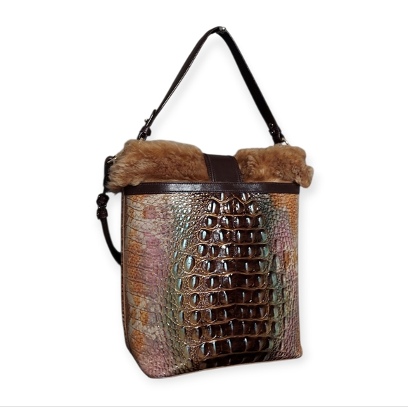 Brahmin Shira Genuine Shearling Croc Embossed Leather Bucket Shoulder Bag EUC - Picture 7 of 13
